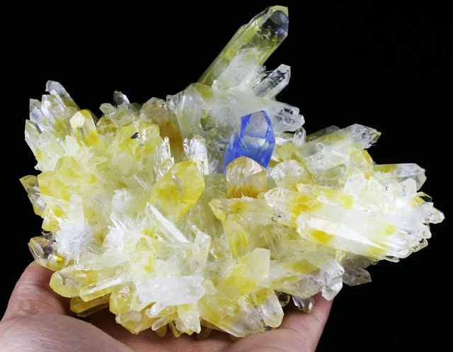 2.06 LB New Find Yellow Blue Phantom Quartz Crystal Cluster Mineral Specimen