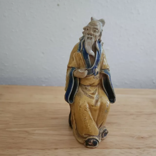 Vintage Chinese Mudman  Old Man Wiseman Figure Figurine 4 1/2" - Some Damage