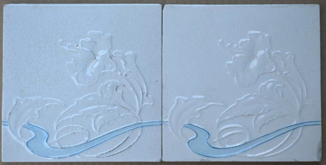 2 England Antique Art Nouveau Majolica Tile C1900