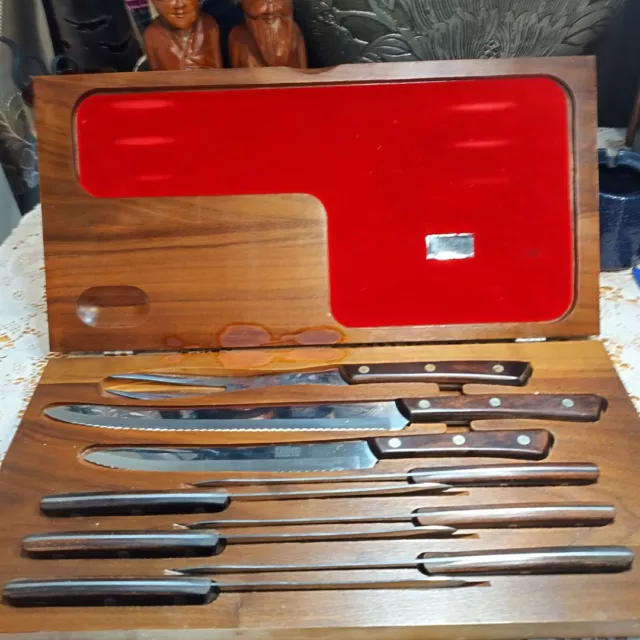 Vintage Utica Kutmaster Tungsten Walnut Handle Kitchen Knife Set with Wood Case