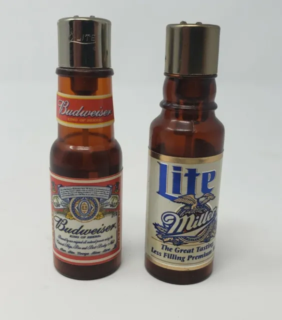 Miniature Budweiser and Miller Lite Bottle Novelty Lighter - Vintage 1990's