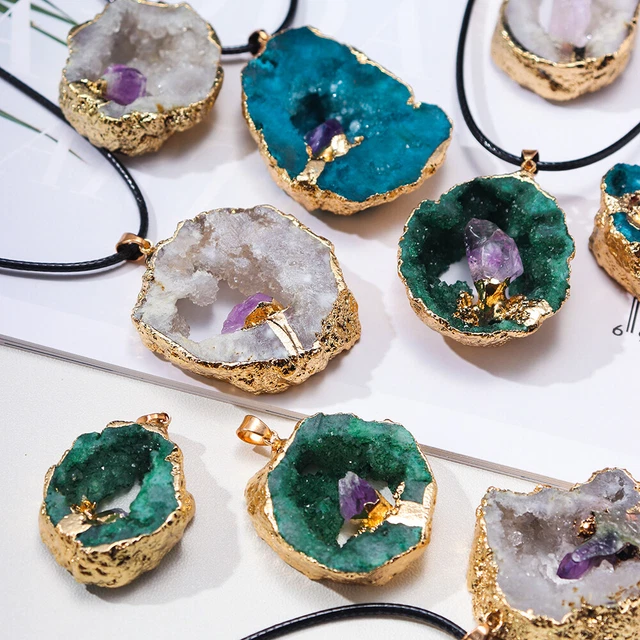 Amethyst Stone Crystal Healing Pendant Agate Slice Quartz Druzy Geode Necklace
