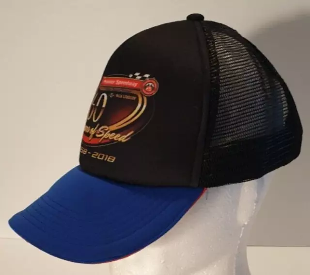 Premier Speedway 60 Years of Speed Mesh Snapback Truckers Cap Hat Black & Blue 2