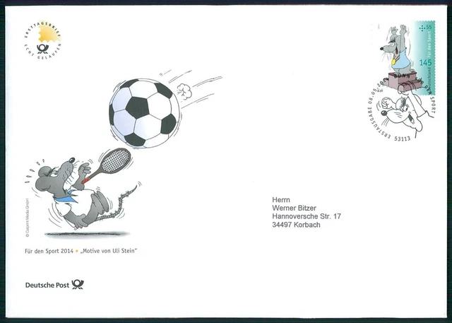 DEUTSCHE POST FDC 2014 SPORT ULI STEIN COMICS MÄUSE MAUS FUSSBALL TENNIS ua48