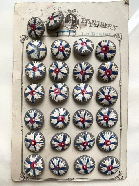 Lot de 24 boutons anciens 18,5 mm - Verre de Briare gris, décor blanc bleu rose