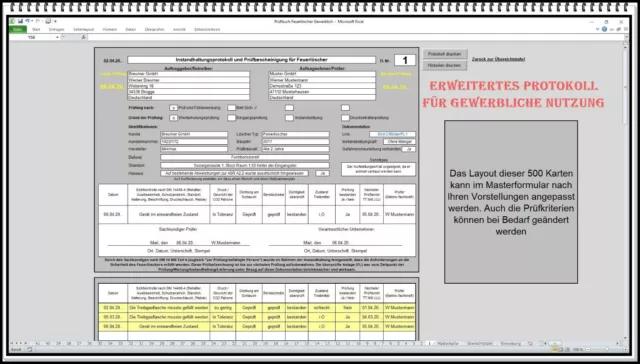 Livre de contrôle documentation extincteur entretien essai DGUV 205 DIN 14406-4 Excel 2