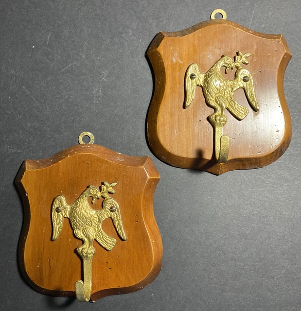 Vtg Pair 2 Brass American Eagle Wall Hooks Mounts Hangers- Pine Shop USA Patriot