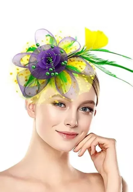 Colorful Feather Mesh Fascinator Hat Clip Wedding Tea Mardi Gras Spring Party