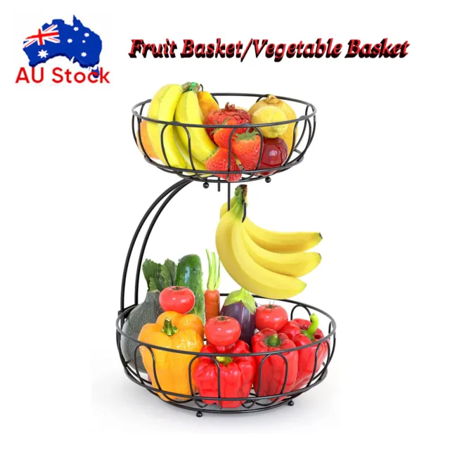 2 Tier Fruit Basket Bread Bowl Vegetable Holder w/Hanger for Kitchen Countertop