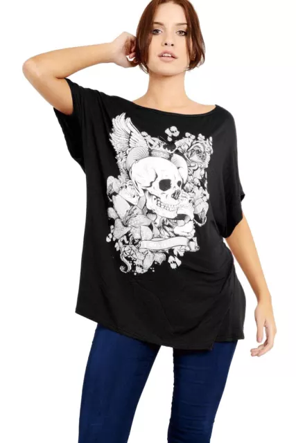 Womens Ladies Batwing Sleeve Printed Off Shoulder Bardot Oversized T-Shirt Top