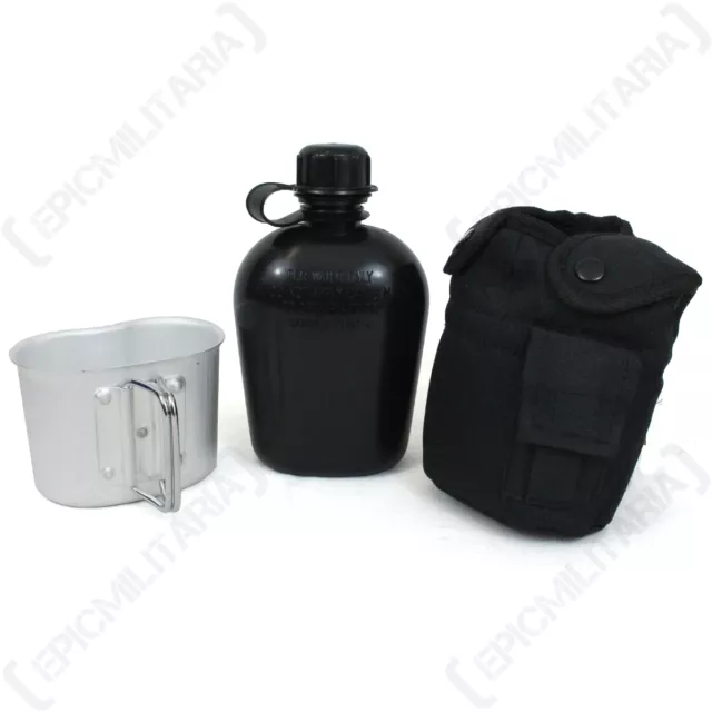 Black Water Bottle With Cup and Cover - 1L Canteen Army Military Cadets Webbing