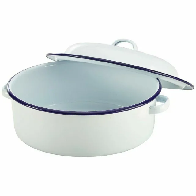 Round Enamel Self Basting Roaster Dish With Lid Casserole Pan Pot Oven Baking Uk