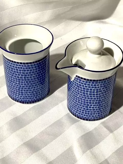 DANSK Mosaic TILES 3 Pc CREAMER & SUGAR BOWL Blue/White EXCELLENT Vintage