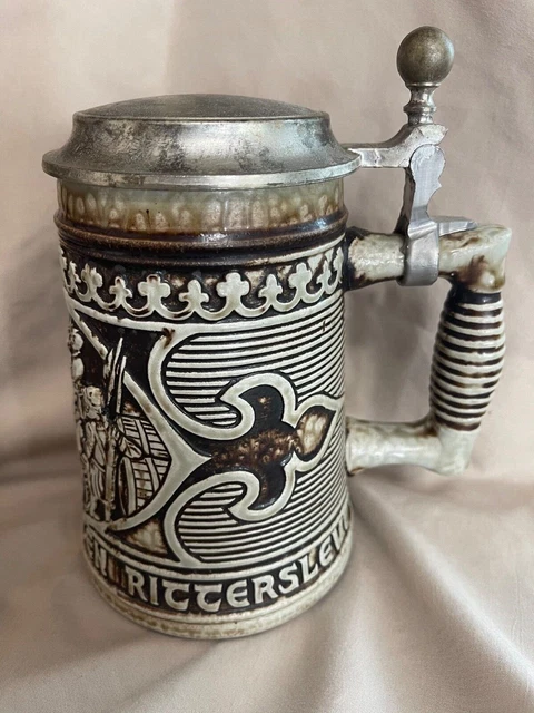 Ceramic lidded beer stein, West Germany, Getz #21. Grey and brown colors