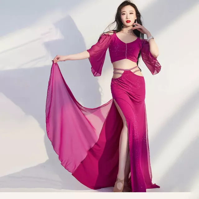 Belly Dance Set Women Practice Wear Professional Bellydance Top Split Long Skirt