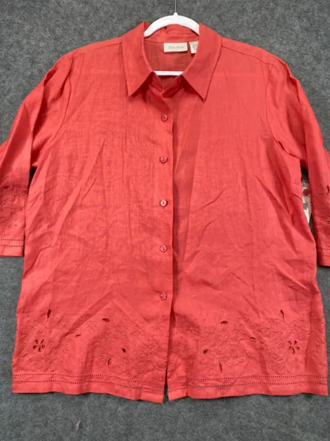 Studio Works NWT Shirt Top Women Large Pink Coral Button Up Half Sleeve Linen