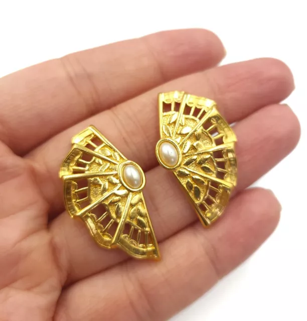 Goldtone & Faux Pearl Lacey Filigree Fan Fashion Stud Earrings