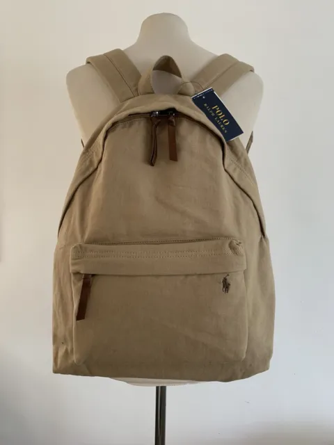 BNWT Polo Ralph Lauren Canvas Tan Backpack Bag Laptop School Rucksack RRP £110
