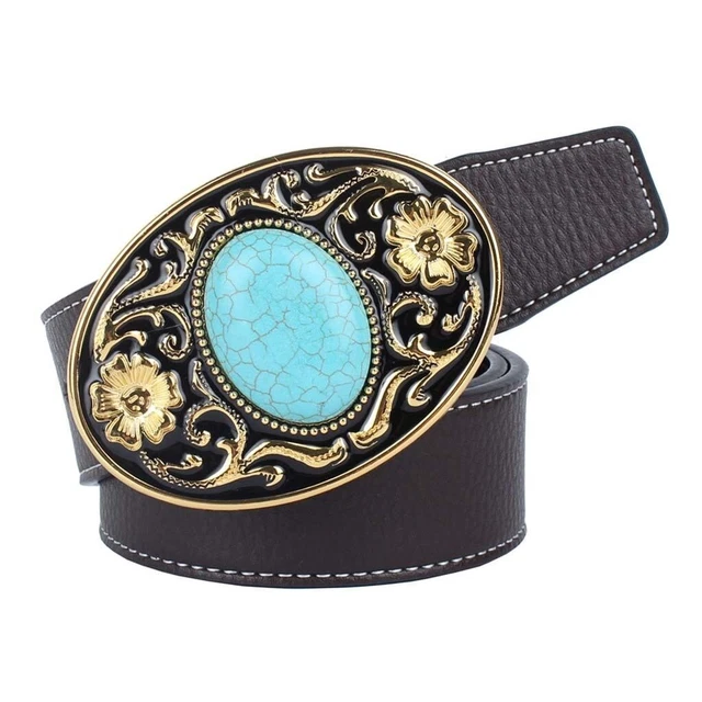 Western Cowboy Leather Belt Arabesque Buckle Turquoise Mens Adjustable