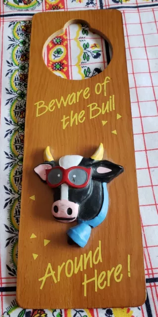 Vintage 3D Bull Adoorables Wooden Door Knob Hanger "Beware Of The Bull" 1987