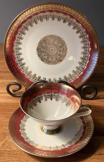 Winterling Bavaria Tea Cup Saucer  & 7.75" Plate Trio Geometric Burgundy Gold