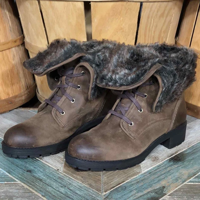 CLARKS REUNITE UP GTX Brown Leather Waterproof Faux Fur Roll Down Boot Womens 10 89.00 PicClick