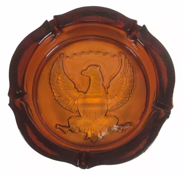 TIARA ASHTRAY AMERICAN Eagle Amber Glass USA Seal Heavy 10