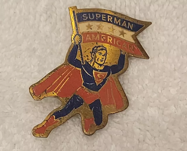 Vintage 1940's Enamel Brass Superman American Pin, Pinback, Badge