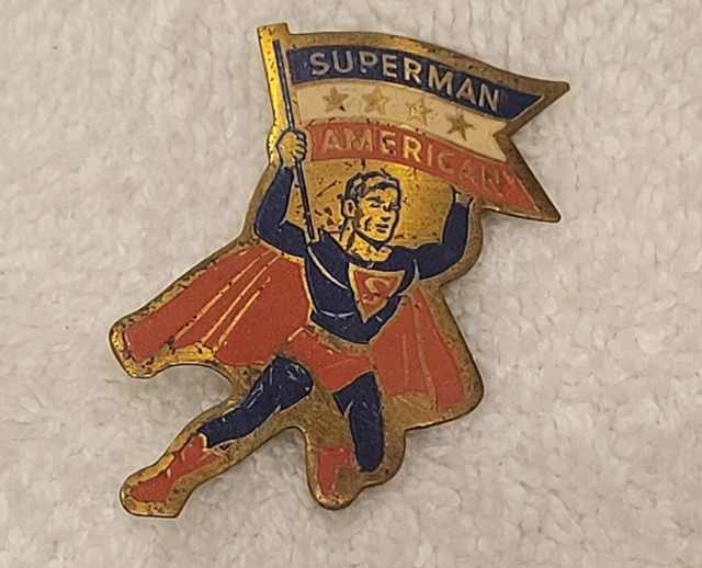 Vintage 1940's Enamel Brass Superman American Pin, Pinback, Badge Vintage 1940's Enamel Brass Superman American Pin, Pinback, Badge