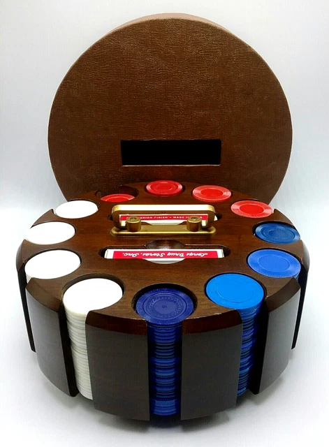 VTG Wood Rotating Poker Chip Carousel Caddy w/Poker Chips Playing Cards & Cover