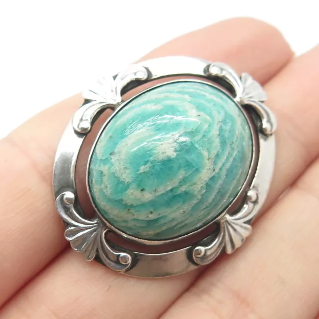 875 Silver Vintage Real Amazonite Gem Ornate Oval Pin Brooch