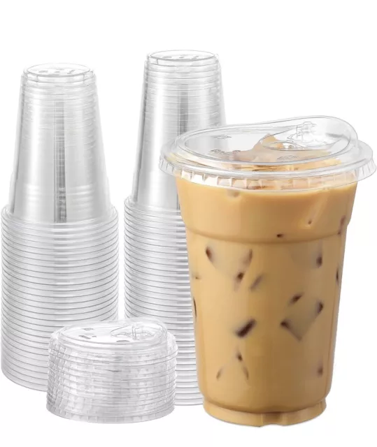 24 oz, [100 Set] Crystal Clear PET Disposable Plastic Cups ￼ With Sip Lids.