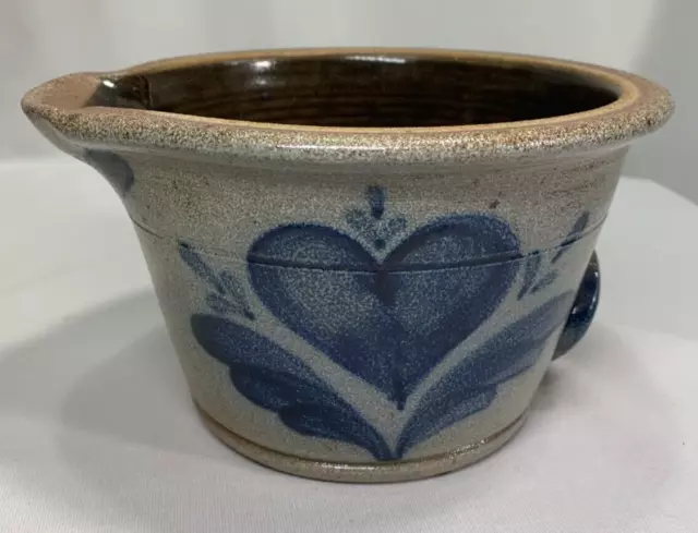 1987 handmade ROWE POTTERY Salt Glaze Blue Heart BATTER BOWL - PERFECT Condition