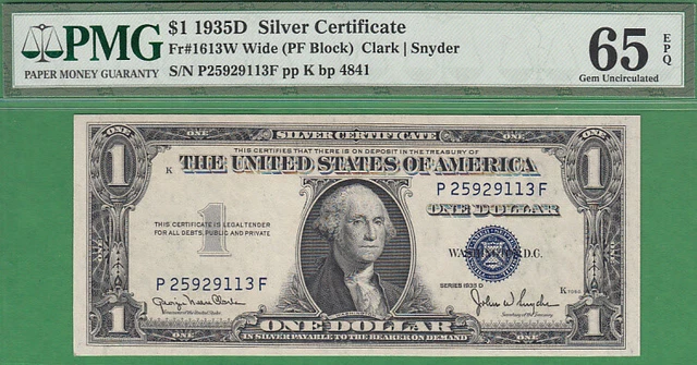 1935D Wide $1 Silver Certificate "Pf" Block Pmg Gem 65 Epq!!!