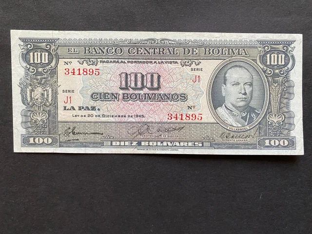 BOLIVIA, 1945, Billete Banco Central de Bolivia, 100 BOLIVIANOS, Serie J1, UNC