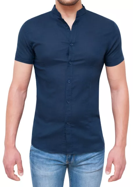 CAMICIA DI LINO Uomo Maniche Corte Blu Scuro Slim Fit Con Colletto Alla Coreana EUR 49 00 PicClick IT