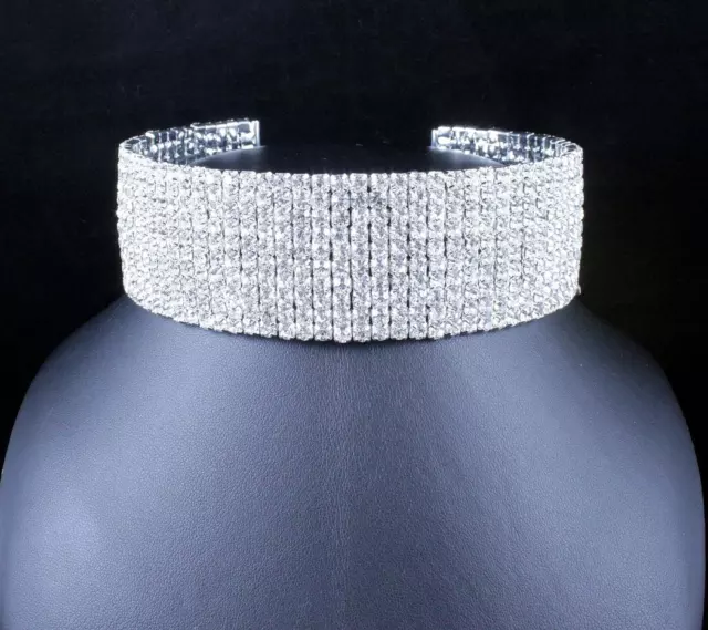 10-Row Clear Austrian Crystal Rhinestone Choker Necklace Silver Party Wed N088