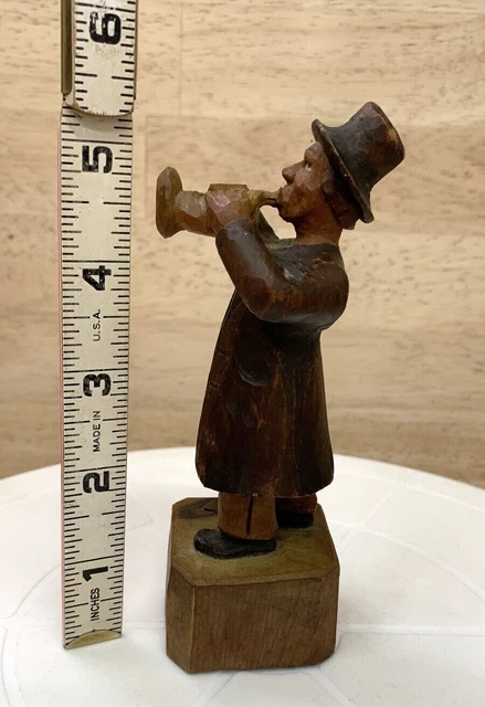 HAND CARVED WOOD FIGURE  Musician Germany Vintage Folk Art Wooden Statue