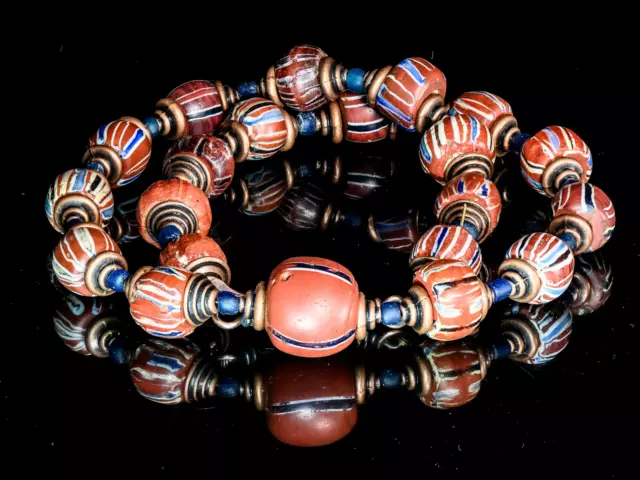 A Necklace of Old Venetian African Trade Beads In Brick Red and Blue With Ancien