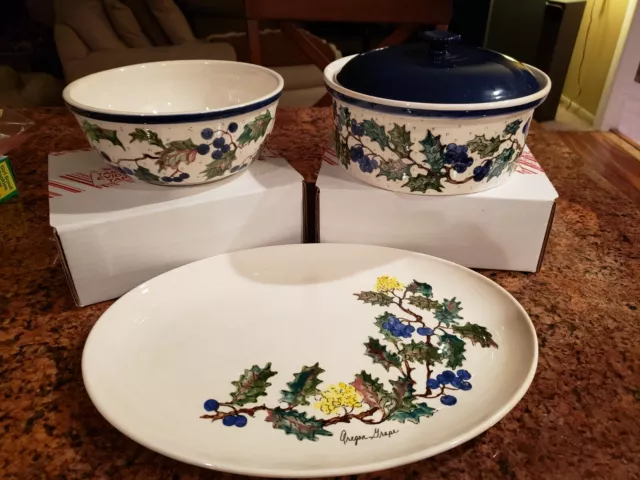 Oregon Grape Pattern Hand Painted 3 Piece Ceramic Serving Set
