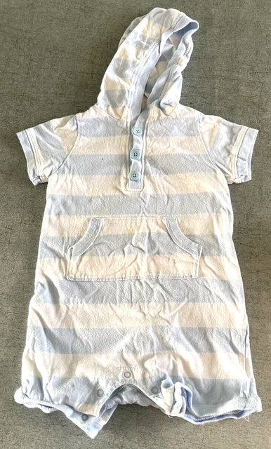 Carters Baby Boy Bodysuit Blue Striped Short Sleeves Hooded One Piece 12 Months