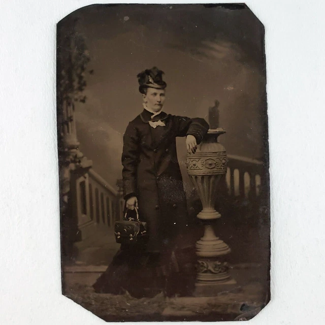 Handbag Purse Hat Woman Tintype c1870 Antique 1/6 Plate Photo Lady Girl A1772