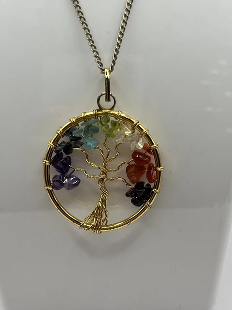 Natural Gemstone Tree of Life Pendant Necklace 7 Chakra Healing Crystal Charm
