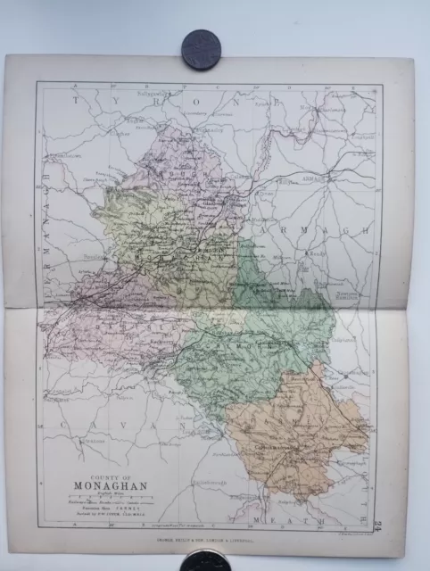 Antique County Map of MONAGHAN , Ireland - Phillips Handy Atlas , 1882