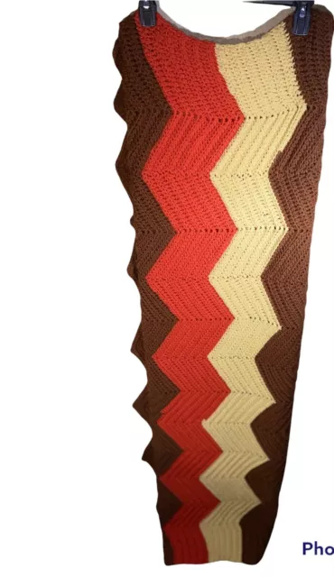 Vintage Handmade Crochet Afghan Blanket Throw Chevron Orange Brown 70" X 56"
