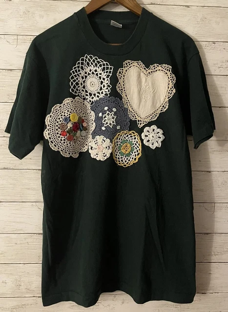 Vintage 80s Homemade Grandma Crochet Jewels TShirt Green Large