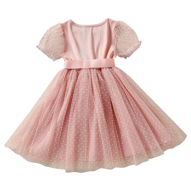 Baby Girls Mesh Lace Dots Dress Puff Short Sleeve Round Neckline Outdoor Wear