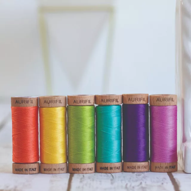 Aurifil Thread 80wt Cotton 300 Yards Small Wooden Spools Colors 1100 - 6725