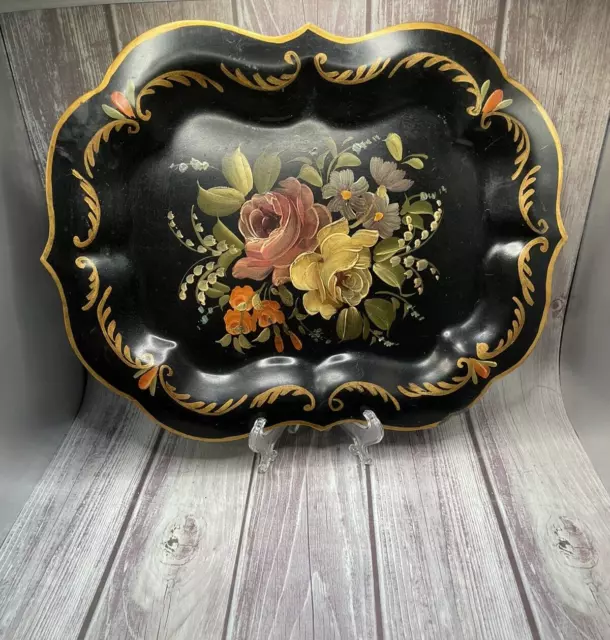 TOLEWARE Vintage Floral  Scalloped Edge Black Hand Painted Metal Tray 12" x 10"