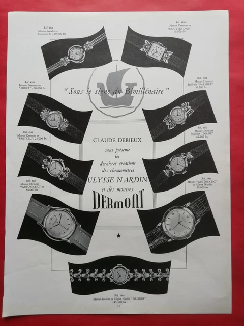 Publicité presse Claude DERIEUX Présente les Montres Suisse DERMONT 1951 VISON